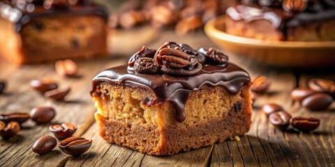 Poster - A single piece of decadent chocolate cake topped with coffee beans, resting on a rustic wooden surface surrounded by scattered coffee beans