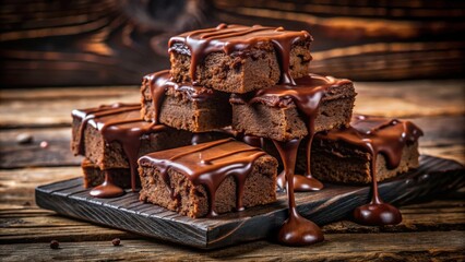 Poster - A stack of rich chocolate brownies, drizzled with melted chocolate, rests on a rustic wooden board.