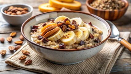 Poster - A bowl of oatmeal topped with banana slices, dried fruit, and nuts on a rustic wooden table