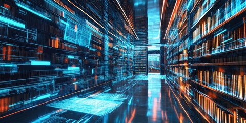 Aufkleber - A modern digital library with transparent holographic bookshelves, where users access information through augmented reality glasses.