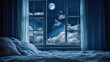 © Nemanja - Peaceful moonlight window bedroom, tranquil night pillow dream rest, serene sky relax dark bed, sleepy comfortable cozy, peaceful relaxing quiet