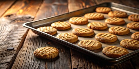 Poster - A close-up image of freshly baked cookies on a baking sheet, with a single cookie resting on a rustic wooden surface, showcasing the golden-brown hue and enticing aroma of homemade treats.