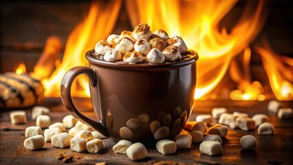 Poster - A mug of hot chocolate topped with marshmallows sits in front of a roaring fire, inviting warmth and comfort.