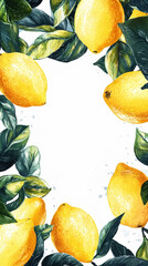 Wall Mural - Aesthetic hand drawn invitation with watercolor lemons, copy space in middle. White background. Generative AI