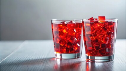 Poster - Two glasses filled with red liquid and ice cubes on a light gray wooden surface