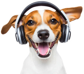 Joyful dog happy headphones, playful isolated pet animal music, energetic listen rhythm enjoy joy, cheerful adorable funny, silly whimsical entertaining