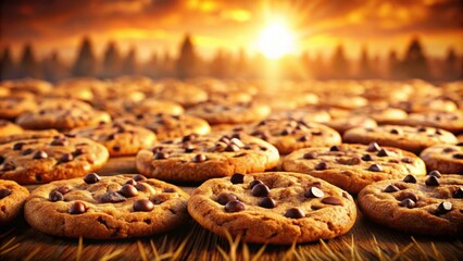 Poster - Golden Brown Chocolate Chip Cookies Baked to Perfection Against a Sunset Backdrop