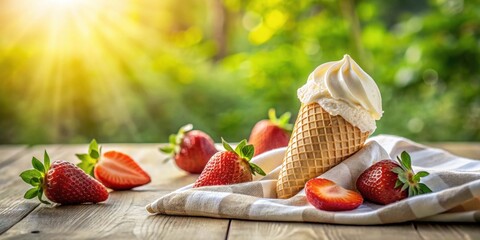 Poster - A refreshing ice cream cone resting on a checkered napkin with a few ripe strawberries, all bathed in the warm glow of the sun.