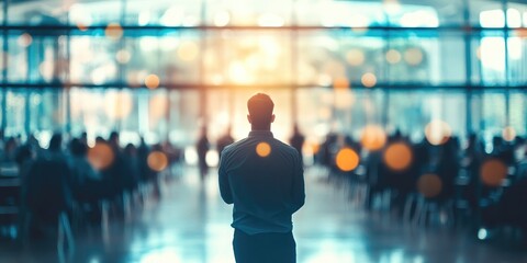 A corporate seminar captured in a defocused shot, with a large group and abstract lighting elements setting a dynamic corporate tone.