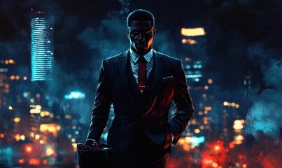 Man in suit stands against city lights.