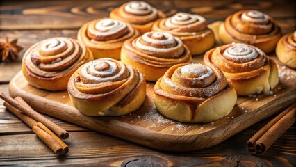 Aufkleber - Sweet Cinnamon Rolls with Powdered Sugar and Cinnamon Sticks on a Wooden Cutting Board