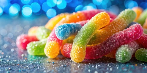 Poster - A close-up of colorful gummy candies, dusted with sugar crystals, resting on a textured surface with a bokeh background of blue circles.