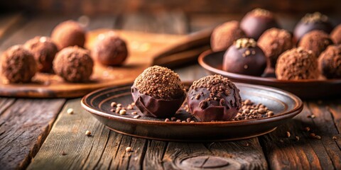 Poster - A close-up of decadent chocolate truffles arranged on a rustic wooden surface, with a sprinkle of cocoa powder and peppercorns adding a touch of elegance