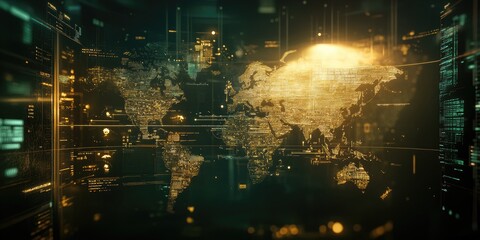 Poster - A futuristic world map displaying global financial trends, with dynamic 3D visualizations and live data overlays tracking international market movements.