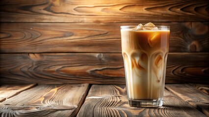 Canvas Print - A refreshing iced coffee beverage in a glass with ice cubes, served on a wooden surface, the background is a rustic wooden paneling