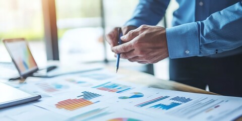 Fototapete - A manager leads a discussion on competitive strategies, using market analysis reports and digital presentations to inform the teams decisions.