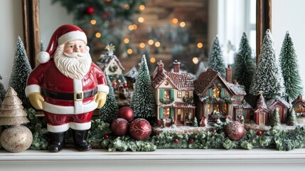 Wall Mural - Santa figurine by a miniature Christmas village on a mantel