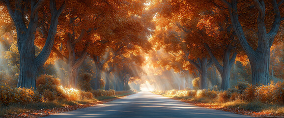 Tree lined road in the autumn season, a view of an empty country street with trees on both sides and sunlight filtering through them. Autumn colors.