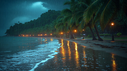 Wall Mural - Tropical beach with palm trees under rain at night. Stormy weather, sea waves, and glowing street lamps in the background. Dark sky with a thunderstorm and heavy raindrops.