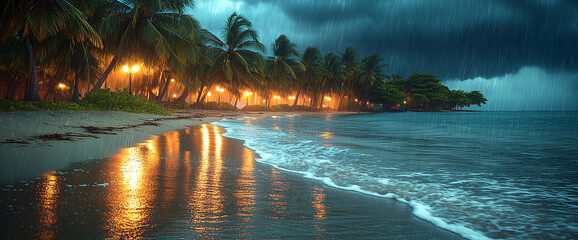 Wall Mural - Tropical beach with palm trees under rain at night. Stormy weather, sea waves, and glowing street lamps in the background. Dark sky with a thunderstorm and heavy raindrops.