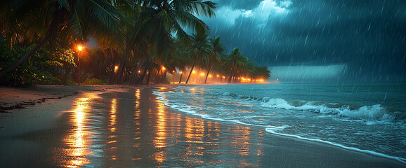 Wall Mural - Tropical beach with palm trees under rain at night. Stormy weather, sea waves, and glowing street lamps in the background. Dark sky with a thunderstorm and heavy raindrops.