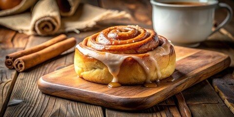 Aufkleber - A Close-up of a Deliciously Glazed Cinnamon Roll, Drizzled with Sweet Icing, and Served on a Wooden Cutting Board