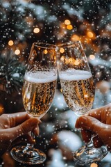 Two people enjoying champagne by Christmas tree, festive atmosphere