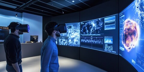 Aufkleber - A high-tech intelligence center using immersive virtual reality displays to offer deep insights and strategic data analysis.