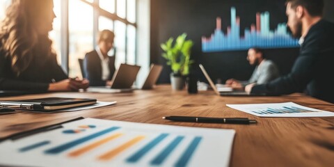 Fototapete - A corporate strategy meeting is held in a modern office, where leaders discuss key performance indicators and long-term objectives.