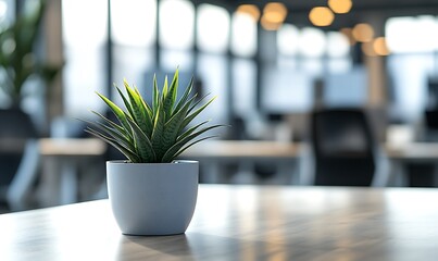 Poster - A small potted plant sits on a table in a modern office space with blurred backgrounds.