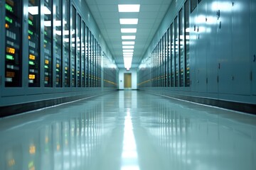 Poster - A corridor lined with data servers, illuminated by overhead lights, showcasing a sleek, modern technological environment.