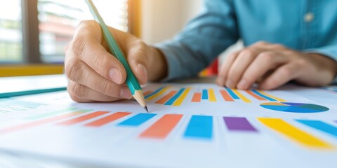 Poster - A person sketches on a colorful graph sheet with a pencil, focused on data analysis while seated at a desk illuminated by natural light.