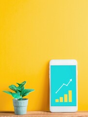 Poster - A modern smartphone displaying a growth chart stands next to a small potted plant, set against a vibrant yellow background.