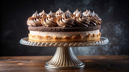 Poster - A delectable chocolate cake with delicate swirls of frosting, presented on a silver cake stand, ready to be savored.