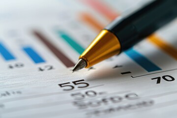 Poster - Close-up of a pen on a financial report showing bar graphs and numerical data, highlighting analysis and precision in presentation.