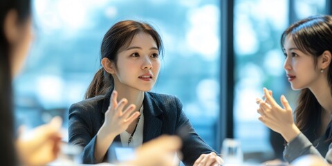 Fototapete - A businesswoman facilitates a roundtable discussion on strategic initiatives, encouraging open dialogue among team members.