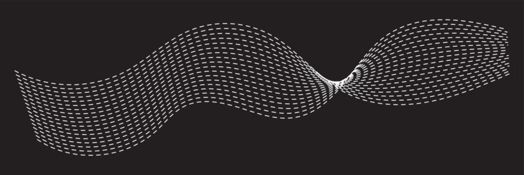 Halftone dotted wave. Curved abstract wavy shape, wave with dot pattern, halftone circles texture  white dots flow business element. isolated on black background.  Vector illustration. 