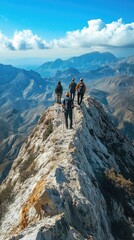 Wall Mural - Hikers walking on mountain ridge enjoying scenic view