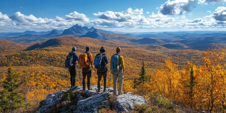 Hikers enjoying panoramic view of autumn mountains in the laurentians, quebec, canada