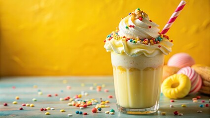 Poster - A Creamy Yellow Milkshake Topped with Whipped Cream and Colorful Sprinkles, a Delightful Treat for a Sweet Tooth