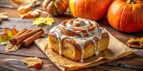 Aufkleber - A Close Up of a Glazed Cinnamon Roll with Fall Leaves and Pumpkins in the Background