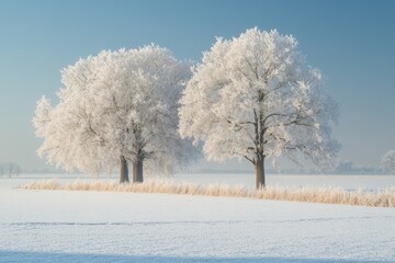 Wall Mural - Hoarfrost covering two trees in a snowy field on a clear winter day