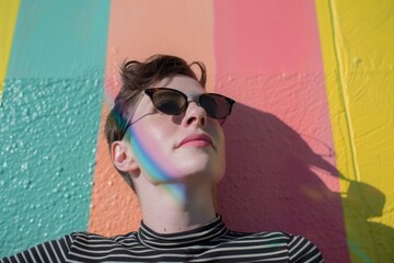 A woman stands in front of a vibrant wall, looking stylish with her sunglasses