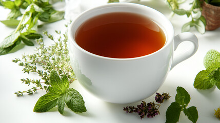 A white mug filled with herbal tea, resting on a smooth white surface.