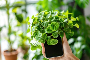 A person holds a phone with a plant inserted into it, possibly for decoration or display