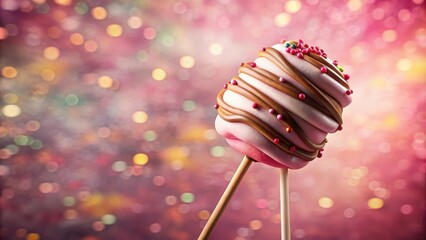 Poster - A pink and brown swirl cake pop with colorful sprinkles on a stick against a bokeh background