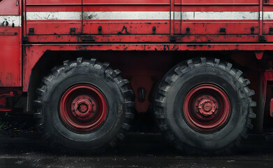 Close up of a red truck's large tires, the truck has white stripes across the side.