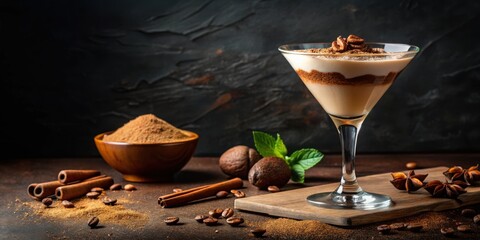 Poster - Layered Creamy Drink with Cinnamon and Coffee Beans on a Rustic Wooden Surface