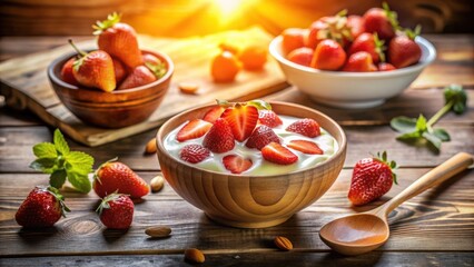 Poster - A bowl of creamy yogurt topped with fresh strawberries, ready to be enjoyed on a rustic wooden table with scattered almonds and sprigs of mint.