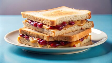 Poster - A triple-decker sandwich with a creamy peanut butter and sweet fruit spread filling, meticulously crafted between toasted bread slices, ready for a satisfying bite.